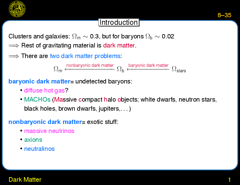 Chapter 8: Determination of Omega and Lambda : Dark Matter