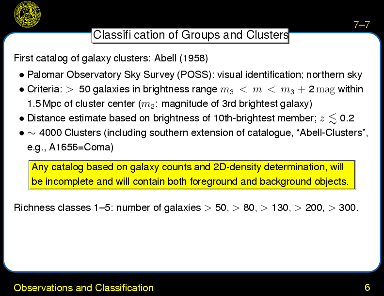 Chapter 7: Galaxy Groups and Clusters : Observations and Classification
