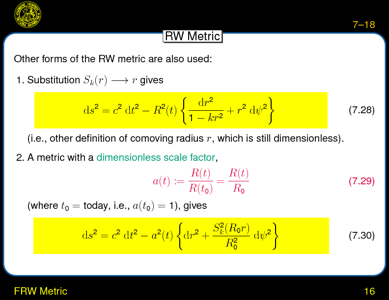 Chapter 7: World Models : FRW Metric