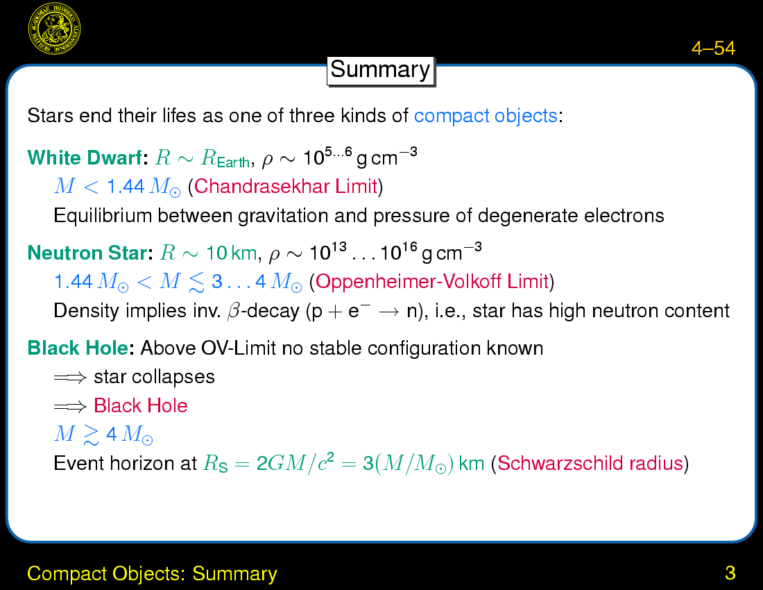 End-Stages of Stellar Evolution : Compact Objects: Summary