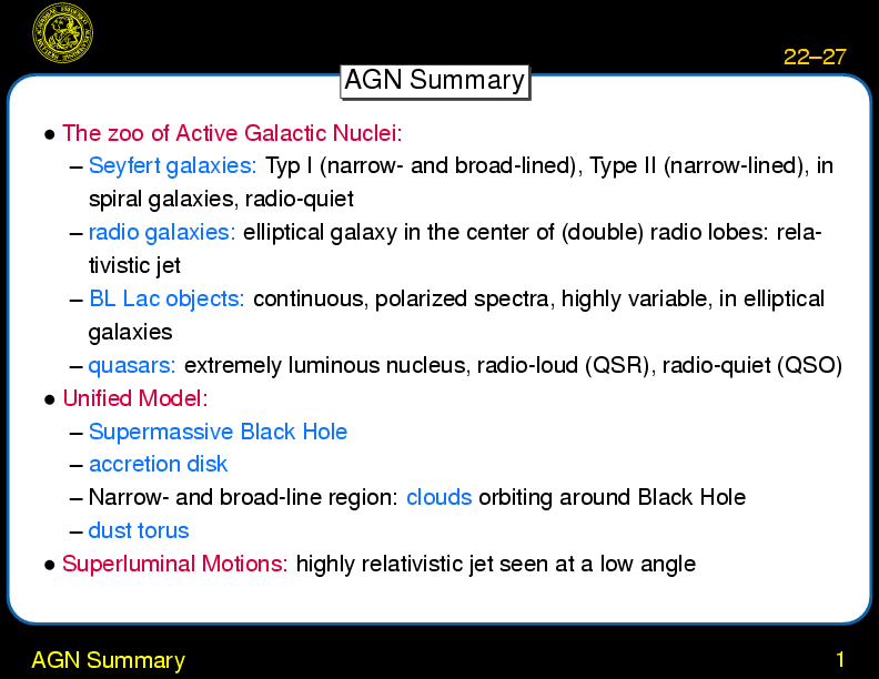 Chapter 22: Active Galactic Nuclei : AGN Summary