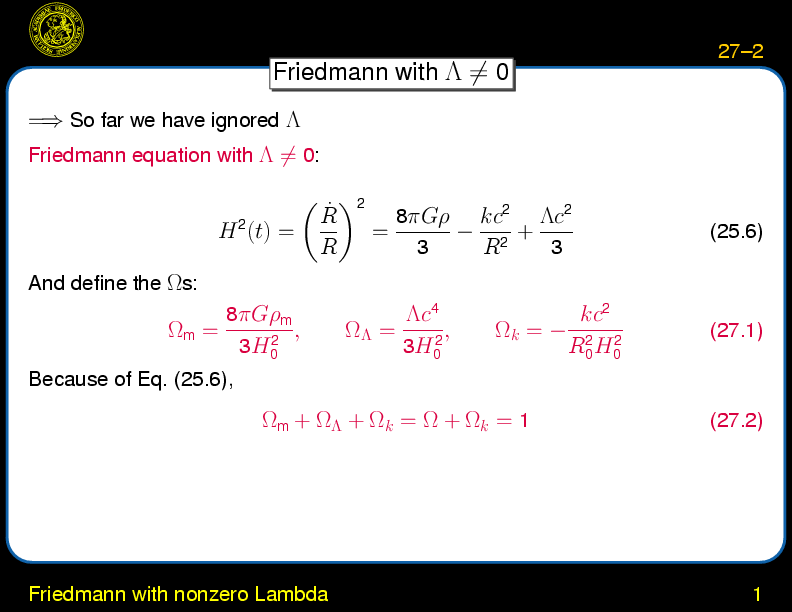 Chapter 27: Determination of Lambda : Friedmann with nonzero Lambda