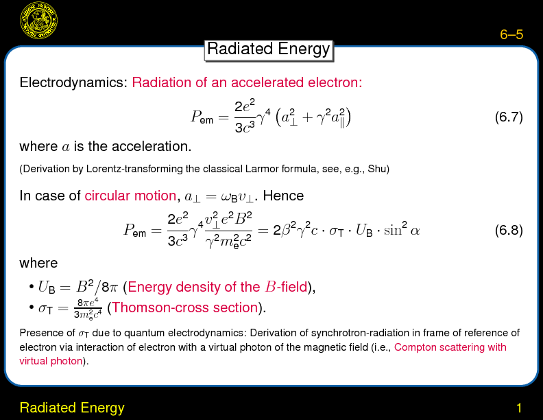 Chapter 6: Synchrotron Radiation : Radiated Energy