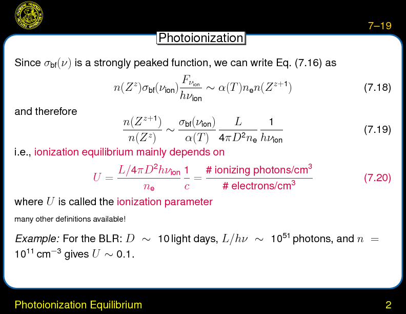 Chapter 7: Ionization Equilibrium and Line Diagnostics : Photoionization Equilibrium