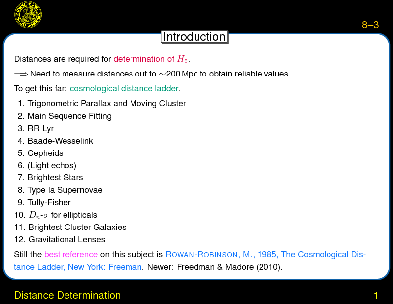 Chapter 8: Distance Ladder and H0 : Distance Determination