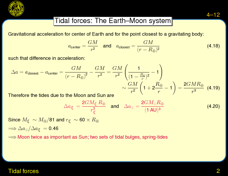 Chapter 4: The Planets: Dynamics : Tidal forces