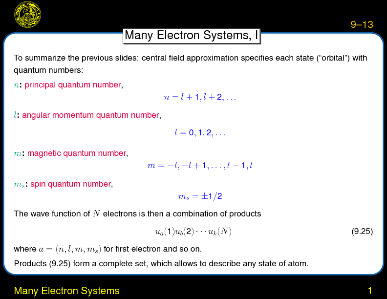Chapter 9: Atomic Physics : Many Electron Systems
